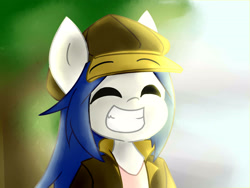 Size: 3200x2400 | Tagged: safe, artist:spheedc, imported from derpibooru, oc, oc only, oc:light chaser, earth pony, pony, semi-anthro, blue hair, blurred background, blurry background, clothes, digital art, eyes closed, female, hat, mare, smiling, solo, sunlight, teeth