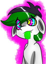 Size: 926x1280 | Tagged: safe, artist:askhypnoswirl, imported from derpibooru, oc, earth pony, pony, bust, colored tongue, fangs, floppy ears, hypnosis, hypnotized, kaa eyes, simple background, swirly eyes, tongue out, transparent background