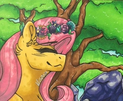 Size: 1280x1059 | Tagged: safe, artist:nightmare-moons-throneroom, imported from derpibooru, fluttershy, pony, ear fluff, eyes closed, female, floral head wreath, flower, mare, smiling, solo, tree