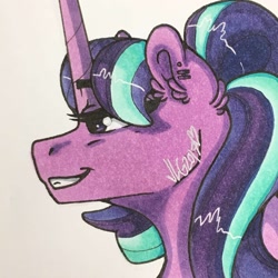 Size: 1280x1280 | Tagged: safe, artist:nightmare-moons-throneroom, imported from derpibooru, starlight glimmer, pony, unicorn, ear fluff, ear piercing, earring, female, jewelry, mare, piercing, sidemouth, simple background, smiling, solo, white background