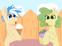 Size: 3000x2200 | Tagged: safe, artist:kiwiscribbles, imported from derpibooru, oc, oc only, oc:kiwi scribbles, oc:vanilla daze, earth pony, pony, female, food, heart eyes, ice cream, male, mare, stallion, tongue out, wingding eyes