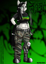 Size: 914x1280 | Tagged: safe, artist:ravenousdash, imported from derpibooru, oc, oc:death metal, anthro, earth pony, plantigrade anthro, abstract background, body writing, boots, breasts, camouflage, cigarette, ear piercing, hand on hip, lidded eyes, piercing, ranchtown, shoes, skull, smoking, tattoo