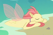 Size: 206x136 | Tagged: safe, imported from derpibooru, screencap, seapony (g4), surf and/or turf, background sea pony, beach, cropped, cute, eyes closed, fins, picture for breezies, sleeping, solo, unnamed seapony