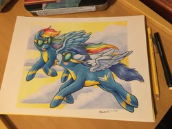 Size: 1200x900 | Tagged: safe, artist:melanee wood, artist:raynesgem, imported from derpibooru, rainbow dash, soarin', blushing, clothes, cloud, female, goggles, male, meta, shipping, soarindash, straight, traditional art, twitter, uniform, wonderbolts uniform