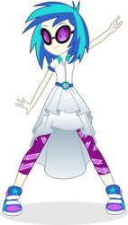 Size: 2939x5190 | Tagged: safe, artist:punzil504, imported from derpibooru, dj pon-3, vinyl scratch, equestria girls, clothes, clothes swap, devil horn (gesture), dress, female, leggings, metal horns, ponied up, shoes, simple background, smiling, sneakers, solo, sunglasses, transparent background, vector