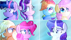 Size: 1024x576 | Tagged: safe, artist:lynchristina, imported from derpibooru, applejack, fluttershy, pinkie pie, rainbow dash, rarity, starlight glimmer, twilight sparkle, alicorn, earth pony, pegasus, pony, unicorn, female, mane six, mare