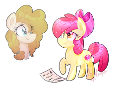 Size: 1543x1080 | Tagged: safe, artist:lynchristina, imported from derpibooru, apple bloom, pear butter, earth pony, pony, bow, female, filly, letter, mare, mother and daughter, simple background, transparent background