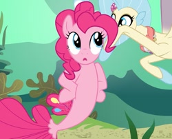 Size: 717x580 | Tagged: safe, artist:mlp-silver-quill, imported from derpibooru, pinkie pie, princess skystar, seapony (g4), my little pony: the movie, cropped, d:, hooves on hips, open mouth, seaponified, seapony pinkie pie, show accurate, species swap, whispering