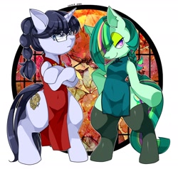 Size: 2100x2000 | Tagged: safe, artist:zakro, imported from derpibooru, oc, oc only, earth pony, pony, semi-anthro, unicorn, belly button, braid, cheongsam, clothes, dress, duo, female, glasses, looking at you, mare, smiling, stockings, thigh highs