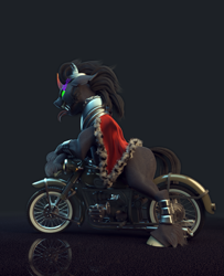 Size: 885x1088 | Tagged: safe, artist:v747, imported from derpibooru, king sombra, pony, unicorn, 3d, cloak, clothes, glowing eyes, male, motorcycle, solo, sombra eyes, unshorn fetlocks