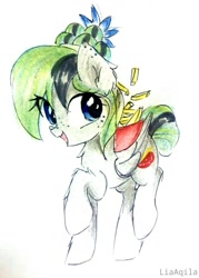 Size: 757x1056 | Tagged: safe, artist:liaaqila, derpibooru exclusive, imported from derpibooru, oc, oc only, oc:feather fry, pegasus, pony, cute, ear freckles, female, flower, flower in hair, food, freckles, french fries, mare, simple background, smiling, solo, traditional art, white background