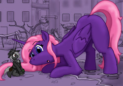 Size: 850x595 | Tagged: safe, artist:crazyperson, imported from derpibooru, oc, oc only, oc:fast times, oc:swan, alicorn, earth pony, pony, unicorn, fallout equestria, fallout equestria: commonwealth, alicorn oc, curious, face down ass up, giant pony, macro