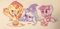 Size: 1205x591 | Tagged: safe, artist:razledazle, imported from derpibooru, sunset shimmer, trixie, twilight sparkle, alicorn, pony, unicorn, burger, counterparts, cute, diatrixes, fast food, female, food, french fries, hamburger, happy meal, hoof hold, magical trio, mare, mcdonald's, shimmerbetes, toy, traditional art, trio, twiabetes, twilight sparkle (alicorn), twilight's counterparts