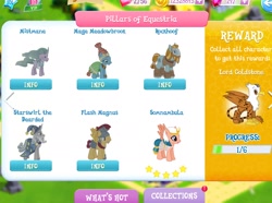Size: 1982x1476 | Tagged: safe, imported from derpibooru, flash magnus, lord goldstone, meadowbrook, mistmane, rockhoof, somnambula, star swirl the bearded, griffon, pegasus, pony, unicorn, female, game, game screencap, gameloft, male, mare, pillars of equestria, stallion