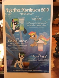 Size: 3264x2448 | Tagged: safe, artist:kellythedrawinguni, artist:okapifeathers, imported from derpibooru, oc, oc only, oc:front page, oc:marina (efnw), oc:mocha sunrise, earth pony, orca pony, original species, pegasus, pony, drink, everfree northwest