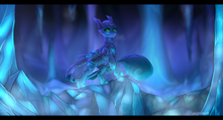 Size: 5000x2700 | Tagged: safe, artist:nightskrill, imported from derpibooru, oc, oc:algez, dracony, hybrid, ice pony, cave, fluffy tail, gem, glowing eyes, glowing tattoos, jewel, lifted leg, scales, tattoo