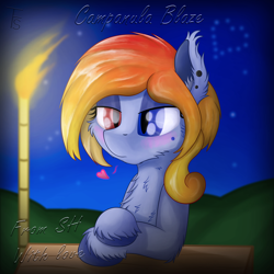 Size: 1200x1200 | Tagged: safe, artist:thefunnysmile, imported from derpibooru, oc, oc:campanula blaze, bat pony, pony, blurry, blushing, bust, heart, heterochromia, piercing, portrait, torch