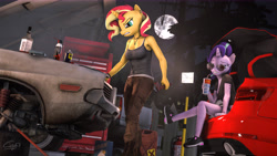 Size: 12288x6912 | Tagged: safe, artist:calveen, imported from derpibooru, starlight glimmer, sunset shimmer, anthro, plantigrade anthro, unicorn, 3d, absurd resolution, angry, audi, aviator glasses, aviator sunglasses, boots, bottle, breasts, can, car, chinese, chromatic aberration, clothes, crowbar, dodge (car), drink, duo, duo female, ear piercing, earring, female, fire extinguisher, glasses, jack daniels, jerry can, jewelry, lamp, mare, mcdonald's, midriff, moon, necklace, night, pants, piercing, shirt, shoes, signature, sitting, smiling, smoke, source filmmaker, sunglasses, sweat, t-shirt, tanktop, tattoo, thighs, toolbox, tree, wallpaper, wd-40, wrench