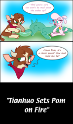 Size: 3556x6000 | Tagged: safe, artist:ithinkitsdivine, imported from derpibooru, arizona cow, pom lamb, tianhuo, cow, lamb, sheep, them's fightin' herds, arizona (tfh), bandana, cloven hooves, comic, community related, female, it's always sunny in philadelphia, pictures you can hear, pom (tfh), prank, simple background, sleeping, tempting fate, this ended in pain, this will end in fire, tianhuo (tfh), warm water prank, water