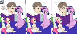 Size: 1808x800 | Tagged: safe, artist:dekomaru, imported from derpibooru, oc, oc:aurora, oc:confetti, oc:pearl, alicorn, dracony, human, hybrid, pony, unicorn, tumblr:ask twixie, alicorn oc, ask, book, comic, diaper, female, filly, interspecies offspring, magical lesbian spawn, offspring, parent:oc:dazzle, parent:pinkie pie, parent:rarity, parent:spike, parent:trixie, parent:twilight sparkle, parents:sparity, parents:twixie, tumblr