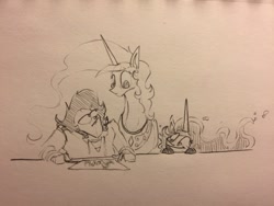 Size: 500x375 | Tagged: safe, artist:greyscaleart, imported from derpibooru, princess celestia, princess luna, oc, oc:human grey, human, drawing, traditional art