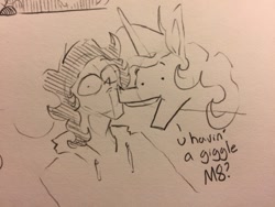 Size: 500x375 | Tagged: safe, artist:greyscaleart, imported from derpibooru, princess celestia, oc, oc:human grey, human, faic, traditional art, u avin a giggle m8, uh oh