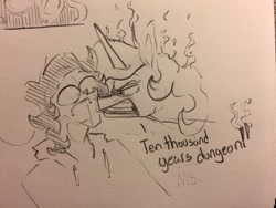 Size: 500x375 | Tagged: safe, artist:greyscaleart, imported from derpibooru, princess celestia, oc, oc:human grey, human, angry, scared, traditional art