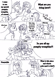 Size: 1633x2282 | Tagged: safe, artist:keriwi1, imported from derpibooru, firelight, fluttershy, party favor, starlight glimmer, sugar belle, twilight sparkle, alicorn, earth pony, pegasus, pony, unicorn, the cutie map, the parent map, blushing, comic, cutie map, dialogue, equal cutie mark, female, hug, male, mare, monochrome, necktie, simple background, stallion, twilight sparkle (alicorn), white background