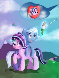 Size: 1050x1400 | Tagged: safe, artist:掩匣生, imported from derpibooru, rainbow dash, starlight glimmer, trixie, twilight sparkle, pony, unicorn, blushing, cute, diatrixes, duo, female, glowing horn, kite, kite flying, lesbian, shipping, startrix