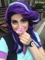 Size: 768x1024 | Tagged: safe, artist:sarahndipity cosplay, imported from derpibooru, starlight glimmer, human, equestria girls, beanie, clothes, cosplay, costume, everfree northwest, everfree northwest 2018, flower, hat, irl, irl human, meta, photo, twitter