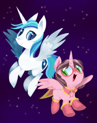 Size: 1280x1629 | Tagged: safe, artist:talonsofwater, imported from derpibooru, oc, oc:astro, oc:pink, alicorn, pegasus, pony, clothes, cutie mark, duo, female, filly, looking at you, male, mask, smiling, space, stallion, stars, wings