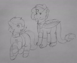 Size: 2376x1932 | Tagged: safe, artist:dragonponyling, imported from derpibooru, oc, oc:len, oc:treeple pine, dracony, hybrid, tree pony, clothes, cosplay, costume, monochrome, traditional art, zootopia