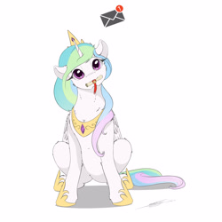 Size: 3000x3000 | Tagged: safe, artist:skitsniga, artist:skitsroom, imported from derpibooru, princess celestia, alicorn, pony, cute, cutelestia, female, mare, message, mouth hold, simple background, solo, white background