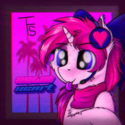 Size: 1200x1200 | Tagged: safe, artist:thefunnysmile, imported from derpibooru, oc, oc only, oc:solid heart, pony, unicorn, bust, clothes, headphones, portrait, scarf, solo, synthwave, tongue out