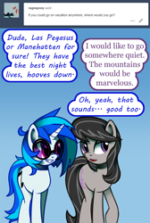 Size: 1000x1486 | Tagged: safe, artist:esuka, imported from derpibooru, dj pon-3, octavia melody, vinyl scratch, earth pony, pony, unicorn, comic, couple, dialogue, female, lesbian, mare, open mouth, question, scratchtavia, shipping, simple background, smiling, sunglasses, tumblr