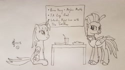Size: 4032x2268 | Tagged: safe, artist:parclytaxel, imported from derpibooru, ocean flow, oc, oc:parcly taxel, alicorn, classical hippogriff, hippogriff, pony, ain't never had friends like us, albumin flask, alicorn oc, bali, female, food, hippogriff ocean flow, horn ring, indonesia, lineart, looking up, mare, monochrome, parcly taxel in bali, pencil drawing, sign, sitting, story included, table, traditional art