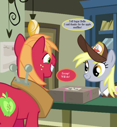 Size: 660x720 | Tagged: safe, edit, edited screencap, imported from derpibooru, screencap, big macintosh, derpy hooves, the break up breakdown, cropped, hat, horse collar, implied sugar belle, mailmare hat, parcel, post office, speech bubble, text