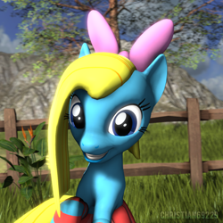 Size: 1024x1024 | Tagged: safe, artist:christian69229, imported from derpibooru, oc, oc only, oc:cuteamena, earth pony, pony, 3d, bow, bust, clothes, female, fence, looking at you, pleated skirt, portrait, skirt, smiling, socks, solo, source filmmaker, striped socks, tree