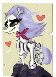 Size: 1024x1405 | Tagged: safe, artist:klondike, imported from derpibooru, skellinore, skeleton pony, the break up breakdown, anatomically incorrect, blushing, bone, boots, eyelashes, female, heart, incorrect leg anatomy, looking at you, looking back, looking back at you, mare, shoes, skeleton, smiling, solo, that was fast