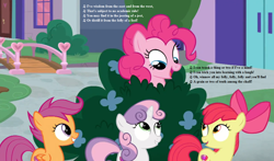 Size: 1224x720 | Tagged: safe, edit, edited screencap, imported from derpibooru, screencap, apple bloom, pinkie pie, scootaloo, sweetie belle, earth pony, pegasus, pony, unicorn, marks for effort, bush, cropped, cutie mark, cutie mark crusaders, female, filly, gilbert and sullivan, lyrics, music notes, school of friendship, song reference, text, the cmc's cutie marks, the yeomen of the guard