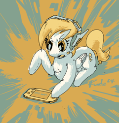 Size: 1322x1374 | Tagged: safe, artist:fundz64, imported from derpibooru, derpy hooves, pony, color palette challenge, d.va headphones, female, focused, game over, gameboy advance, headset, limited palette, lying down, solo