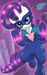 Size: 1200x1920 | Tagged: safe, artist:theroyalprincesses, imported from derpibooru, radiance, rarity, pony, unicorn, city, female, levitation, looking at you, magic, mare, maretropolis, power ponies, smiling, solo, superhero, telekinesis