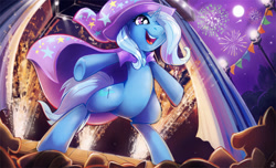 Size: 1500x909 | Tagged: safe, artist:chocokangoo, imported from derpibooru, trixie, pony, unicorn, bipedal, cape, clothes, crowd, female, fireworks, hat, solo, stage, trixie's cape, trixie's hat