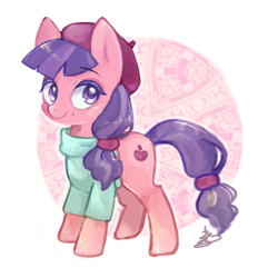 Size: 840x871 | Tagged: safe, artist:sibashen, imported from derpibooru, raspberry beret, earth pony, pony, horse play, beauty mark, beret, clothes, female, hat, looking at you, mare, shirt, smiling, solo