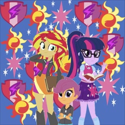 Size: 1535x1536 | Tagged: safe, artist:selenaede, editor:php77, imported from derpibooru, sci-twi, scootaloo, sunset shimmer, twilight sparkle, equestria girls