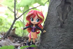Size: 6000x4000 | Tagged: safe, artist:artofmagicpoland, imported from derpibooru, sunset shimmer, equestria girls, doll, equestria girls minis, eqventures of the minis, female, forest, irl, photo, smiling, solo, toy, tree