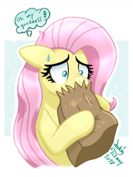 Size: 973x1300 | Tagged: safe, artist:joakaha, imported from derpibooru, fluttershy, pegasus, pony, horse play, bag, female, hyperventilating, mare, paper bag, scene interpretation, solo, sweatdrop