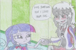 Size: 1733x1159 | Tagged: safe, artist:nephilim rider, imported from derpibooru, twilight sparkle, oc, oc:heaven lost, equestria girls, traditional art