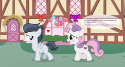 Size: 2476x1316 | Tagged: safe, artist:lunaticdawn, imported from derpibooru, rumble, sweetie belle, pegasus, pony, unicorn, the break up breakdown, blushing, colt, female, filly, male, rumbelle, shipping, straight, text