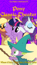 Size: 572x1007 | Tagged: artist needed, safe, edit, imported from derpibooru, applejack, rarity, spike, twilight sparkle, alicorn, series:pony tales, animal costume, applelion, big crown thingy, clothes, costume, fairy tale, garbuncle, jewelry, muppet classic theater, parody, regalia, twilight sparkle (alicorn), vhs